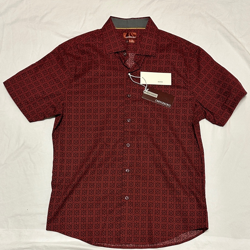 Consequence Classic Burgundy Patterned Short Sleeve Slim Fit Shirt